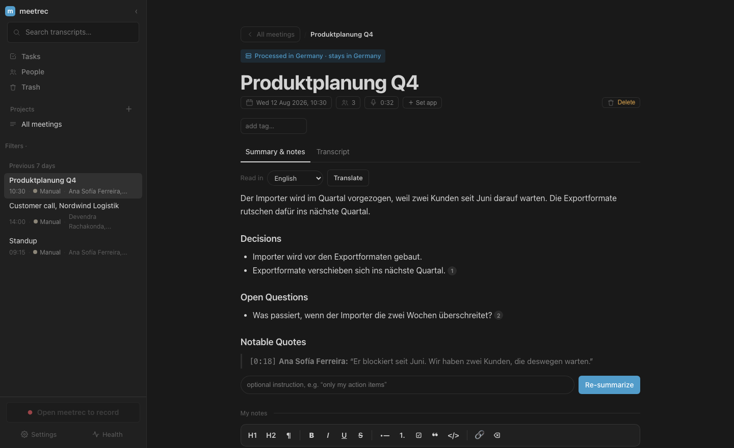 Eine gegliederte Meeting-Zusammenfassung in meetrec mit Entscheidungen und Aufgaben