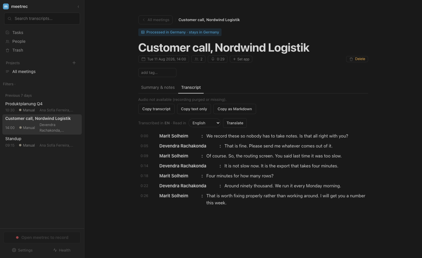 Ein Transkript mit Sprecherzuordnung in meetrec